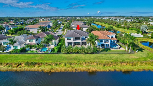 drone / aerial view with a water view