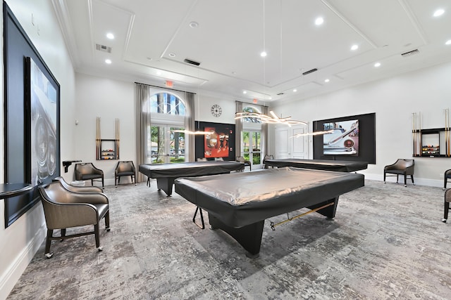 playroom with a tray ceiling, crown molding, billiards, and french doors