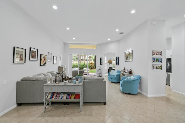 living room featuring light tile patterned floors