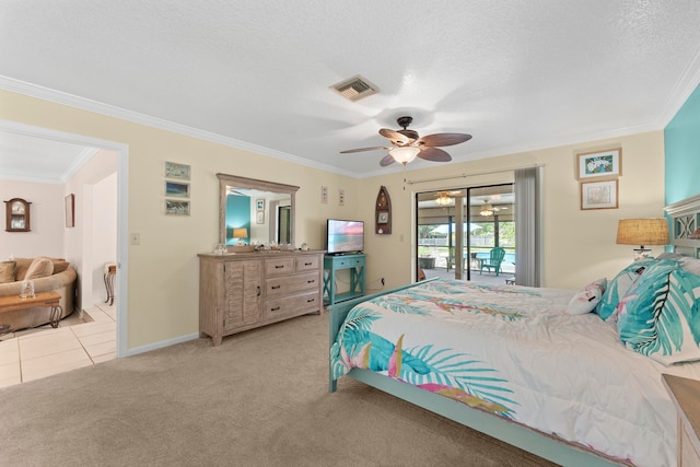 bedroom with access to outside, ceiling fan, ornamental molding, a textured ceiling, and light colored carpet