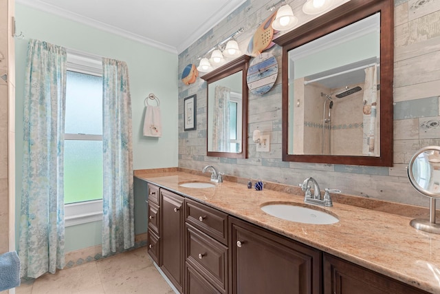 bathroom featuring tile patterned floors, crown molding, decorative backsplash, vanity, and a shower with shower curtain