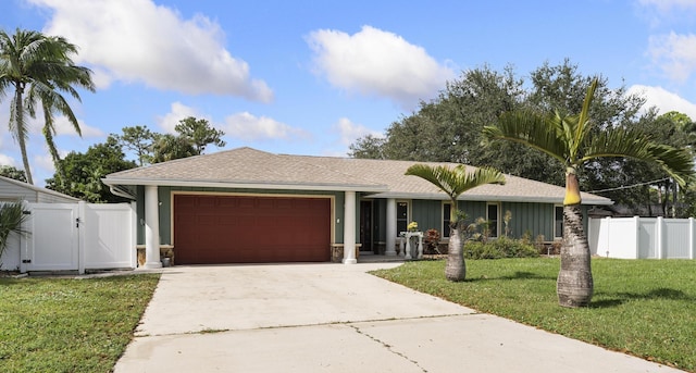 single story home with a front yard and a garage