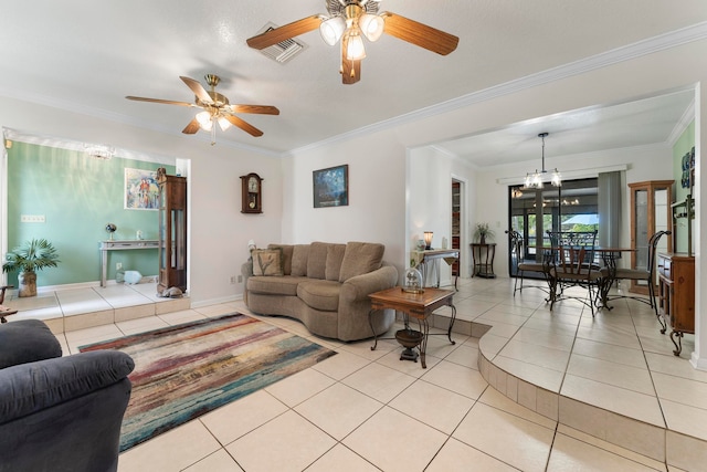 tiled living room with ceiling fan with notable chandelier and crown molding