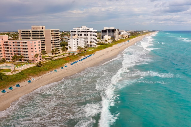 aerial view featuring a beach view and a water view