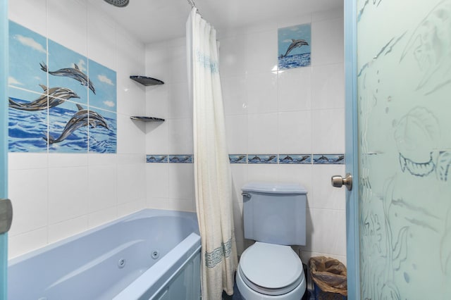 3009 S Ocean Blvd Unit 901, Highland Beach, FL 33487 - bathroom with tile walls, a combined bath / shower with jetted tub, and toilet