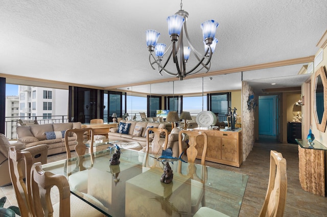 3009 S Ocean Blvd Unit 901, Highland Beach, FL 33487 - dining room with a textured ceiling, a chandelier, wood finished floors, and crown molding
