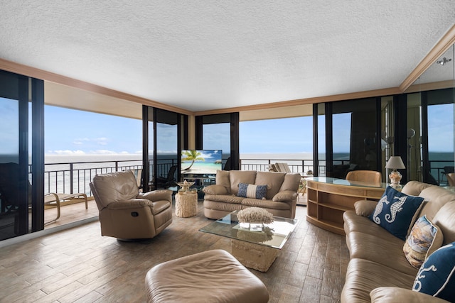 living room featuring plenty of natural light, dark hardwood / wood-style floors, and a wall of windows