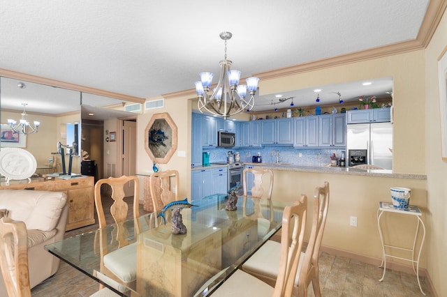 3009 S Ocean Blvd Unit 901, Highland Beach, FL 33487 - dining room with a chandelier, ornamental molding, and a textured ceiling