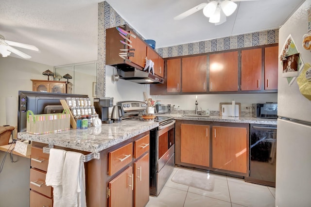 kitchen with ceiling fan, sink, a textured ceiling, light tile patterned floors, and black appliances