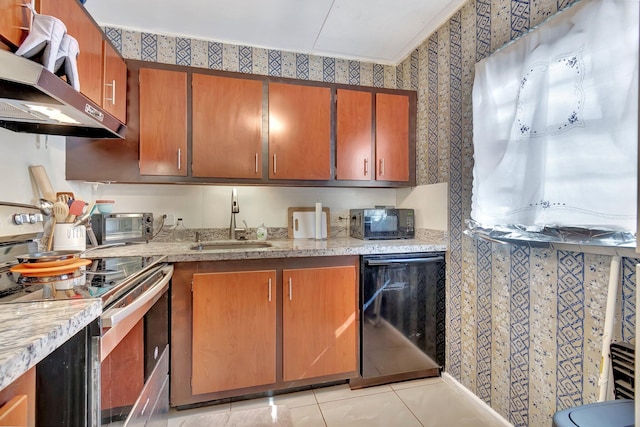 kitchen featuring black appliances, light tile patterned flooring, sink, and exhaust hood