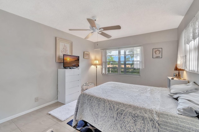 bedroom with ceiling fan and a textured ceiling