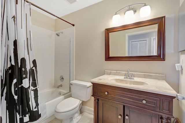 full bathroom with tile patterned flooring, vanity, toilet, and shower / bathtub combination with curtain