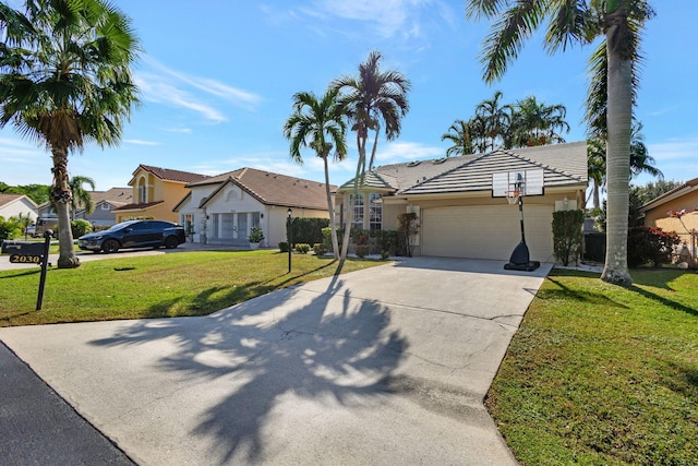 ranch-style house with a front yard and a garage