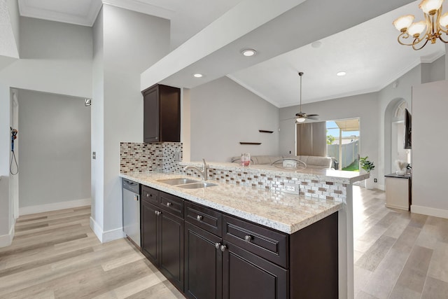 kitchen with ceiling fan with notable chandelier, stainless steel dishwasher, tasteful backsplash, light hardwood / wood-style floors, and kitchen peninsula