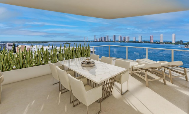 balcony with outdoor dining area, a view of city, and a water view