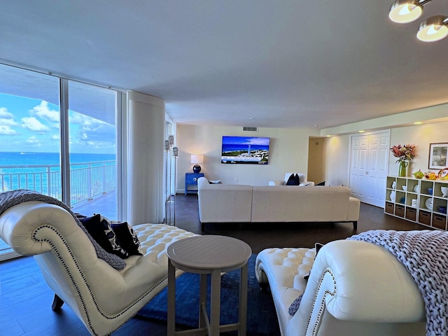 living room featuring dark hardwood / wood-style floors and a water view