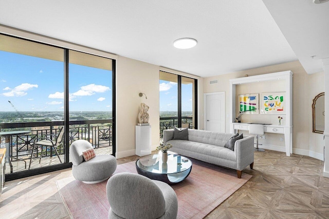 living room with light parquet flooring