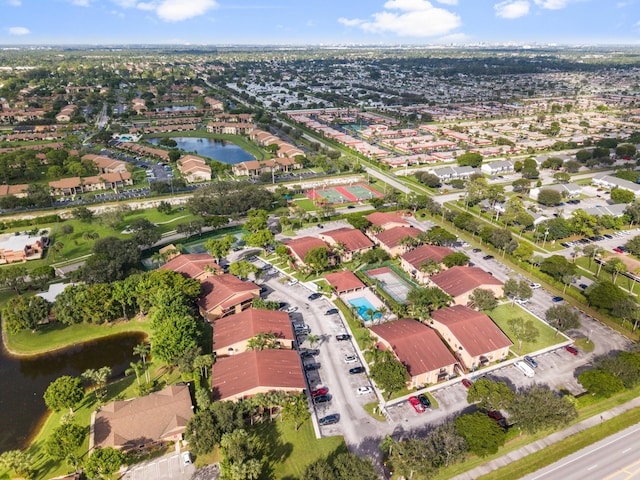 drone / aerial view featuring a water view