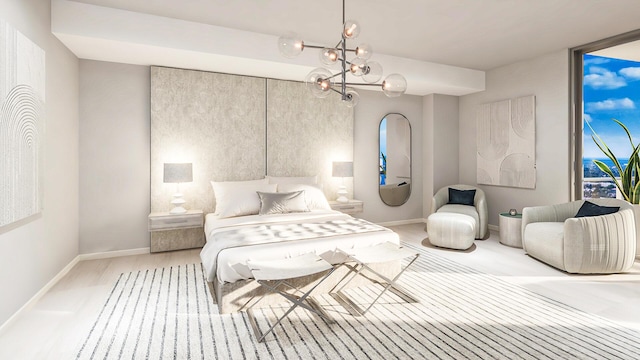 bedroom featuring baseboards and a chandelier