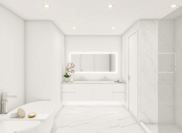220 Lake Shore Dr Unit 1013, Lake Park, FL 33403 - bathroom featuring a soaking tub, double vanity, recessed lighting, a sink, and marble finish floor