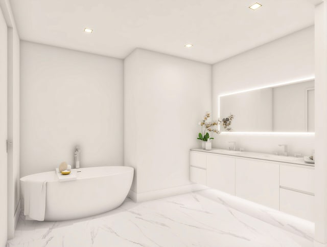 220 Lake Shore Dr Unit 1013, Lake Park, FL 33403 - full bath with marble finish floor, a sink, recessed lighting, double vanity, and a soaking tub
