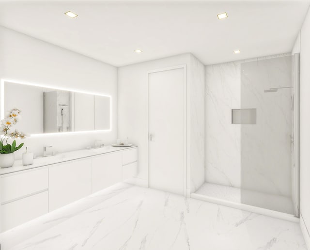 220 Lake Shore Dr Unit 1013, Lake Park, FL 33403 - full bathroom featuring a marble finish shower, double vanity, recessed lighting, a sink, and marble finish floor