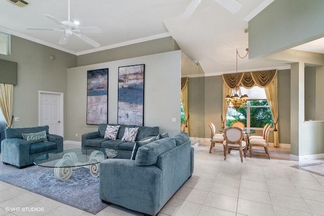 living area with a ceiling fan, crown molding, light tile patterned floors, baseboards, and a towering ceiling