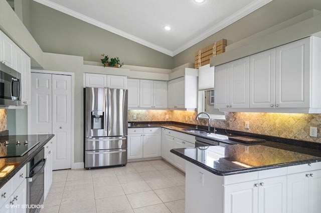 kitchen with a sink, black appliances, ornamental molding, and white cabinetry