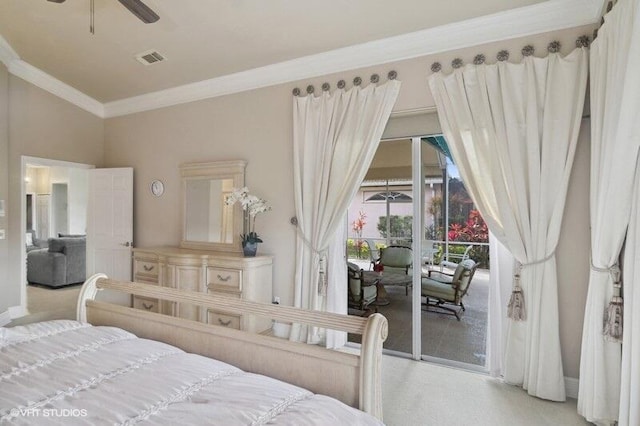 carpeted bedroom featuring access to outside, ceiling fan, and ornamental molding