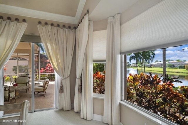 sunroom featuring a wealth of natural light and a water view