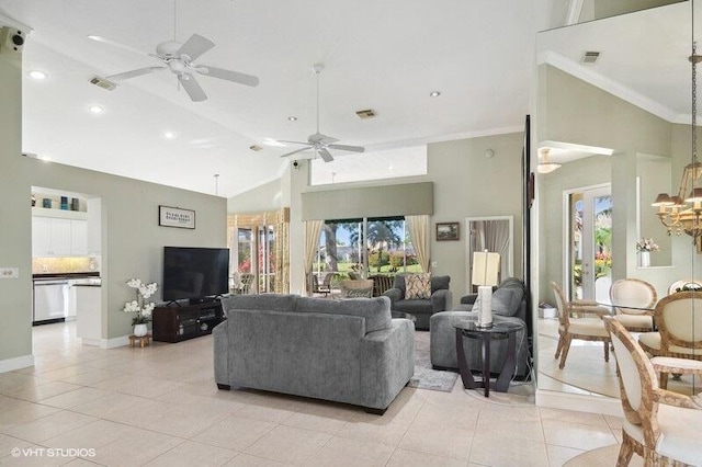 tiled living room with ornamental molding, high vaulted ceiling, and ceiling fan