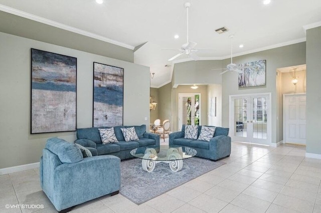 living area with visible vents, ornamental molding, french doors, light tile patterned flooring, and baseboards