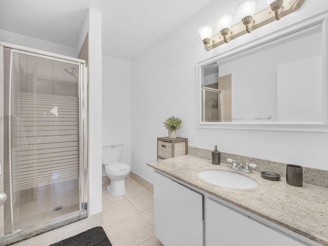 bathroom with tile patterned flooring, vanity, an enclosed shower, and toilet