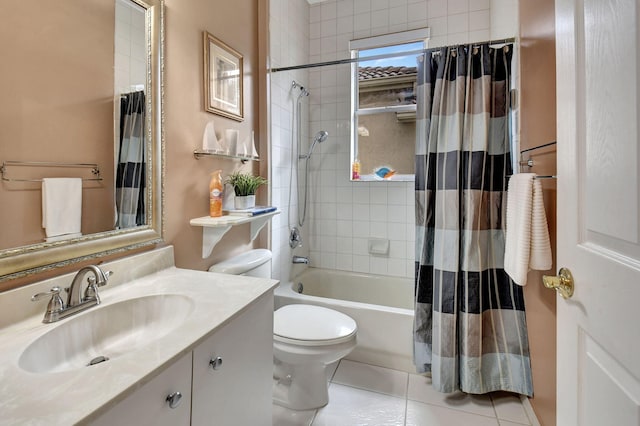 full bathroom featuring shower / bathtub combination with curtain, tile patterned flooring, vanity, and toilet