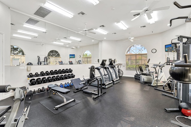 workout area with ceiling fan