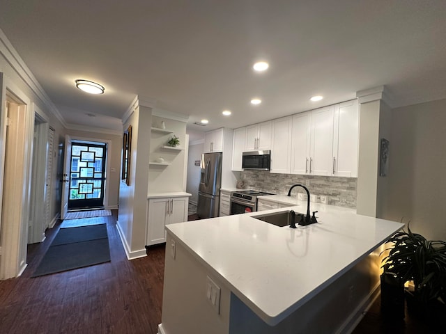 kitchen featuring kitchen peninsula, appliances with stainless steel finishes, dark hardwood / wood-style flooring, and sink