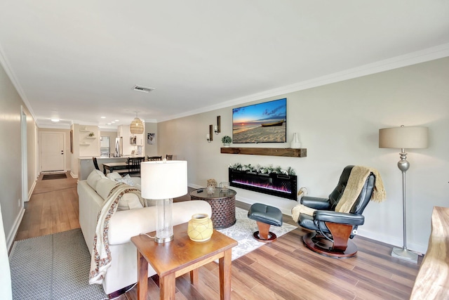 5770 Princess Palm Ct Unit F, Delray Beach, FL 33484 - living room with ornamental molding, wood finished floors, and a glass covered fireplace