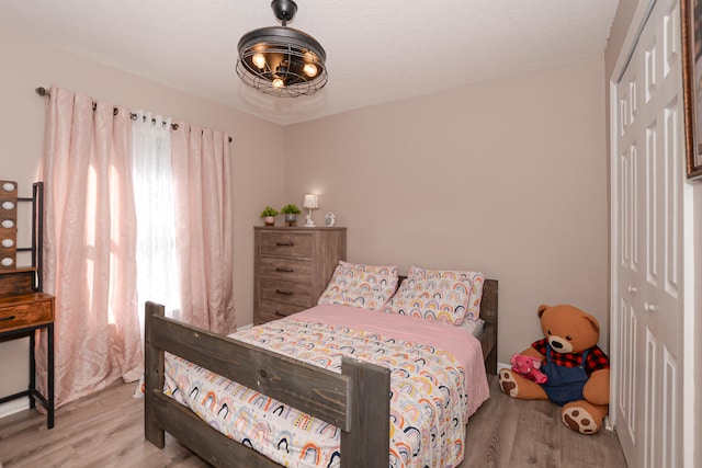 bedroom with light hardwood / wood-style floors and a closet