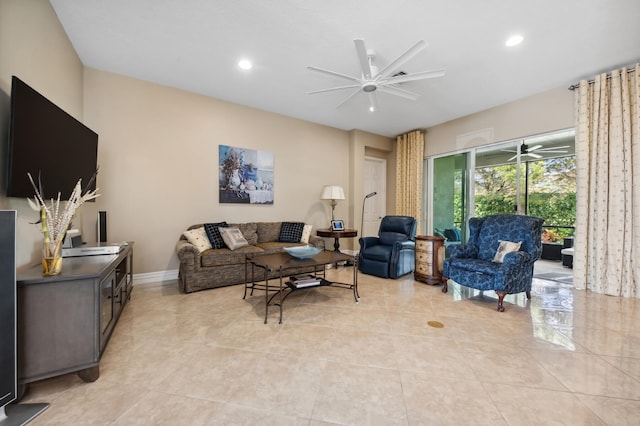 tiled living room with ceiling fan