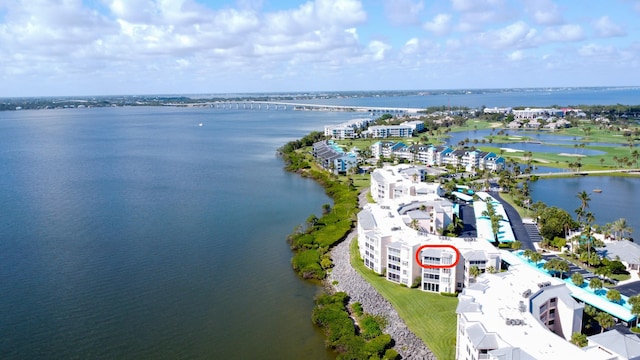 drone / aerial view featuring a water view