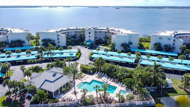 drone / aerial view featuring a water view