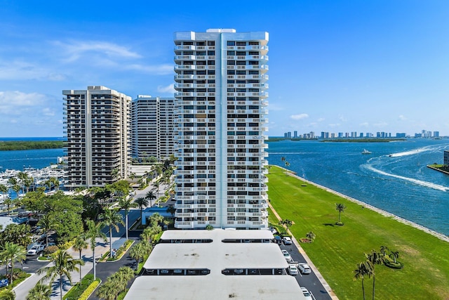 drone / aerial view featuring a water view