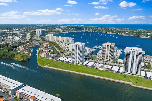 bird's eye view with a water view