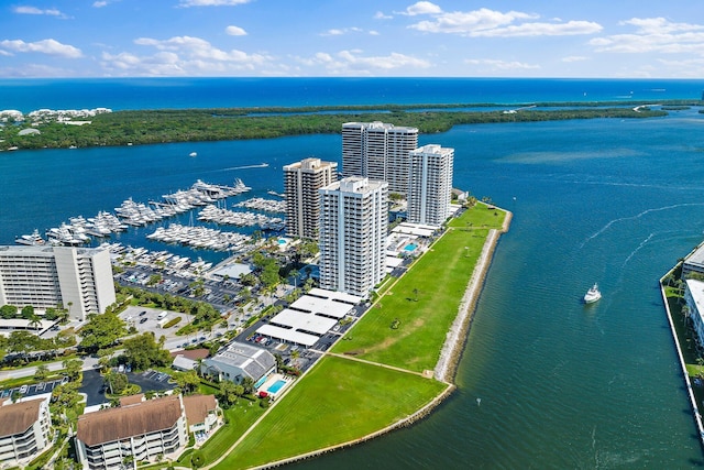 view of building exterior with a water view