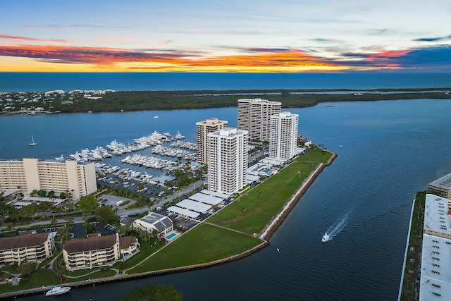 outdoor building at dusk with a water view