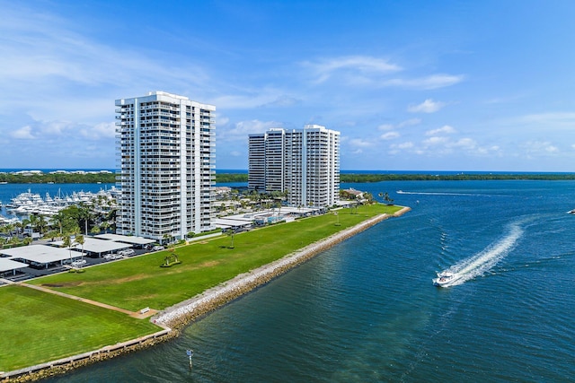 drone / aerial view with a water view