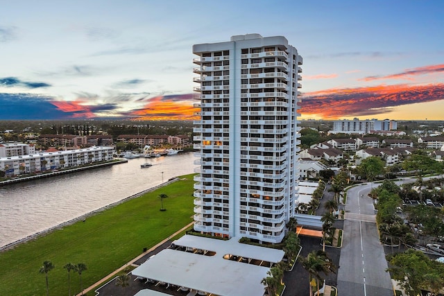 exterior space with a water view