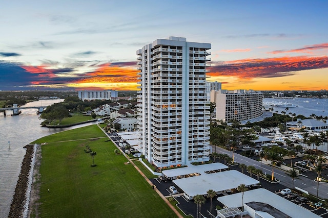 outdoor building at dusk with a water view