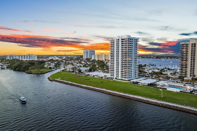 outdoor building at dusk with a water view