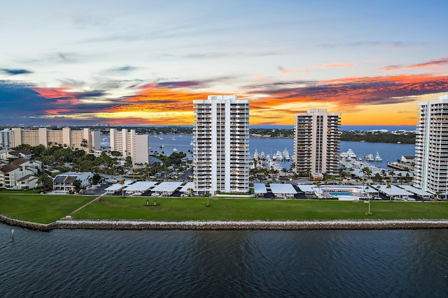 outdoor building at dusk with a water view